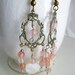 Vintage Inspired Antiqued Brass Filigree Chandalier Dangle Earrings with Pink Glass Beads and White Hearts