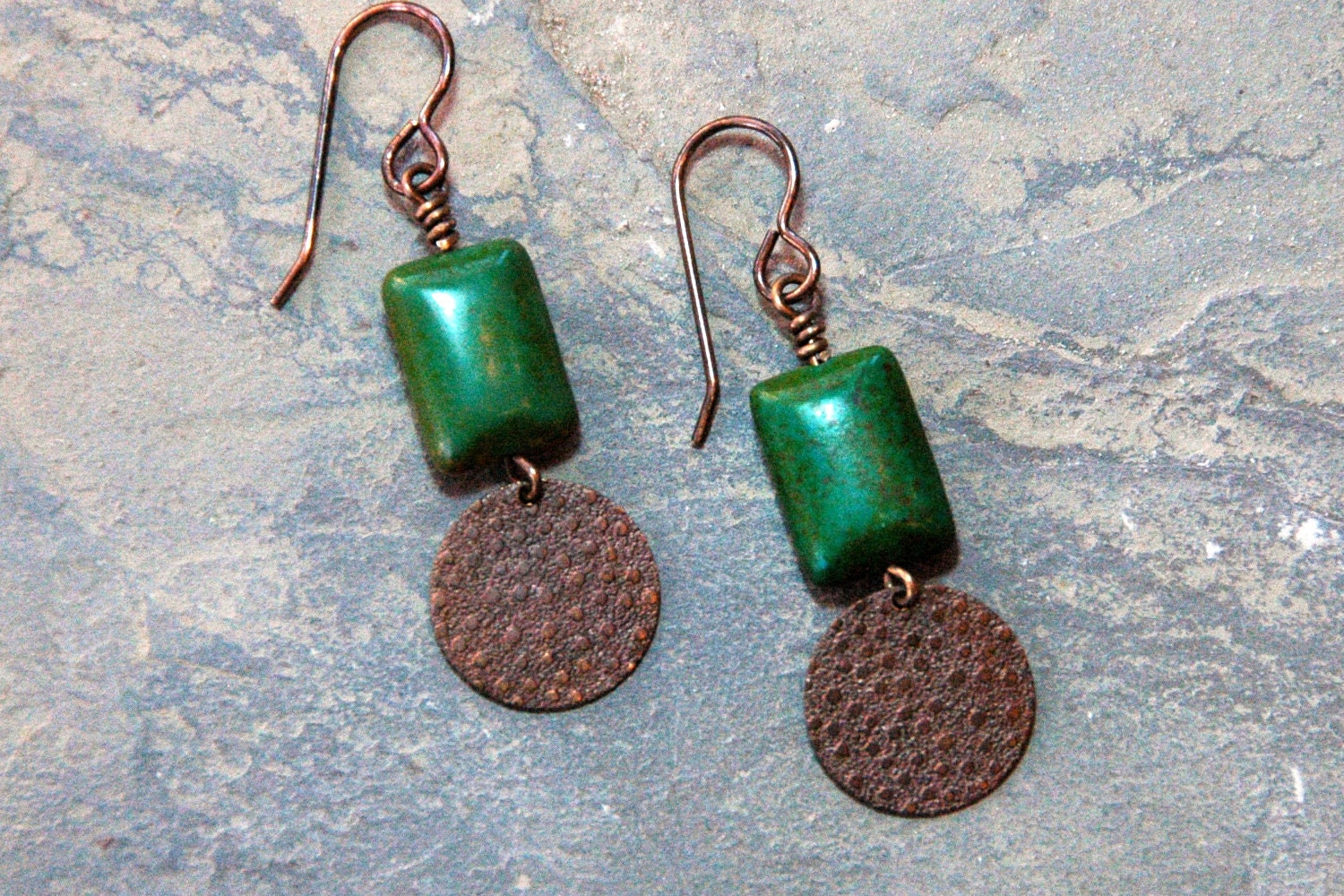 Green Turquoise Earrings, Embossed Natural Brass Jewelry