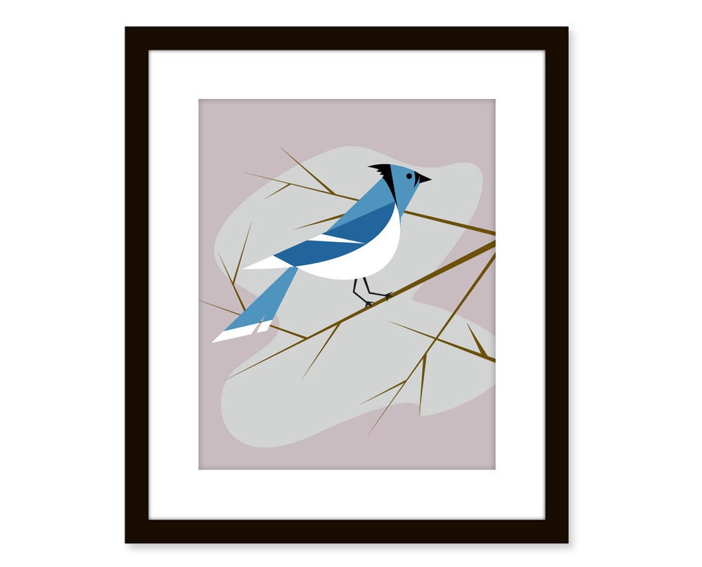 Mid century modern bird print-blue jay on branch -bird art - 8 x 10 print