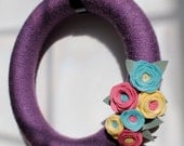 Handmade Lavender Yarn Wreath with Yellow, Pink, and Aqua Felt Flowers-READY TO SHIP