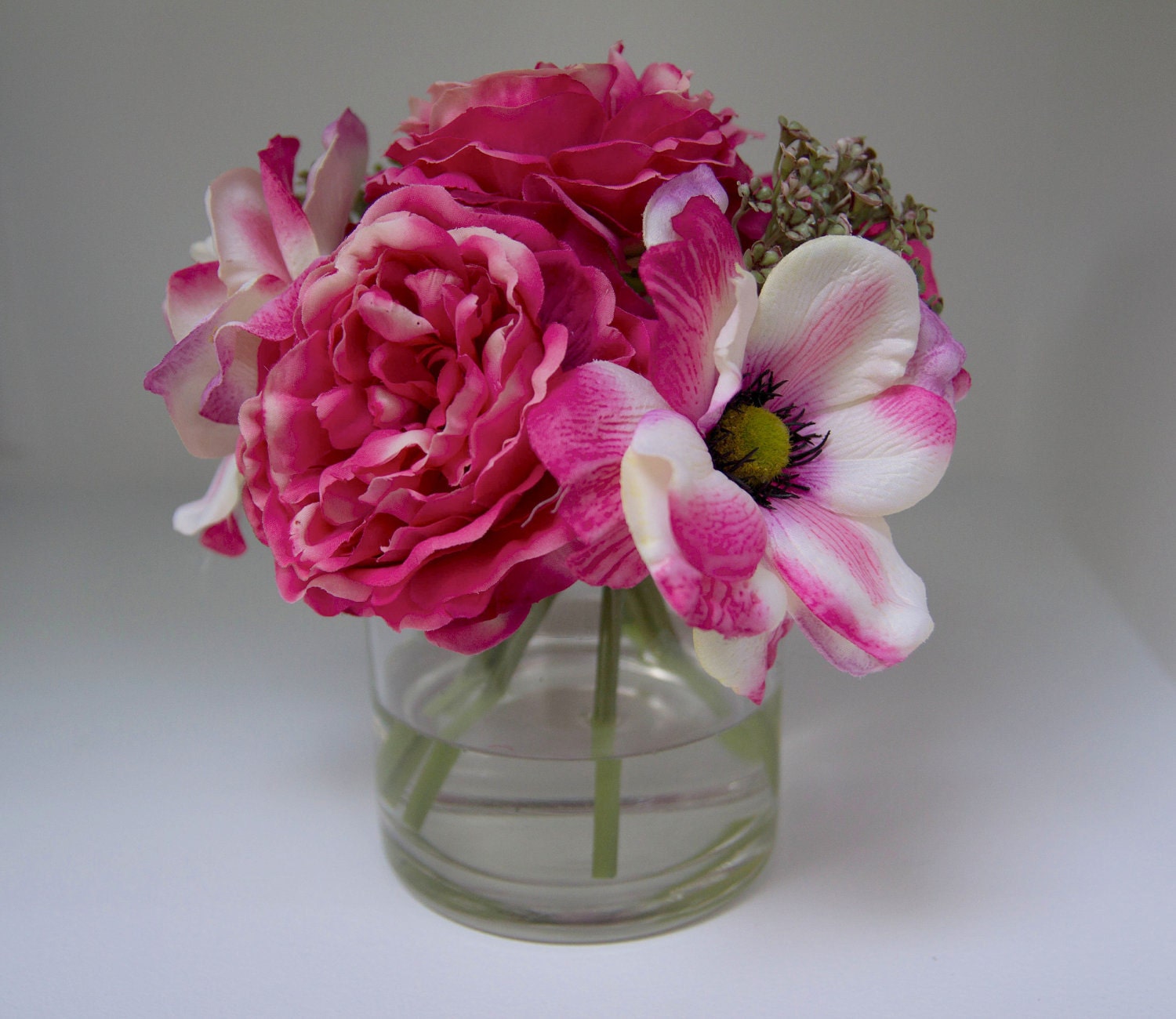 Items similar to Hot Pink Anemone and Peony Silk Flower Arrangement on Etsy