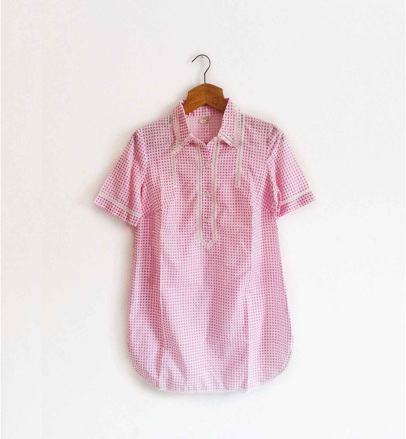 Pink Gingham Nightgown short sleeves