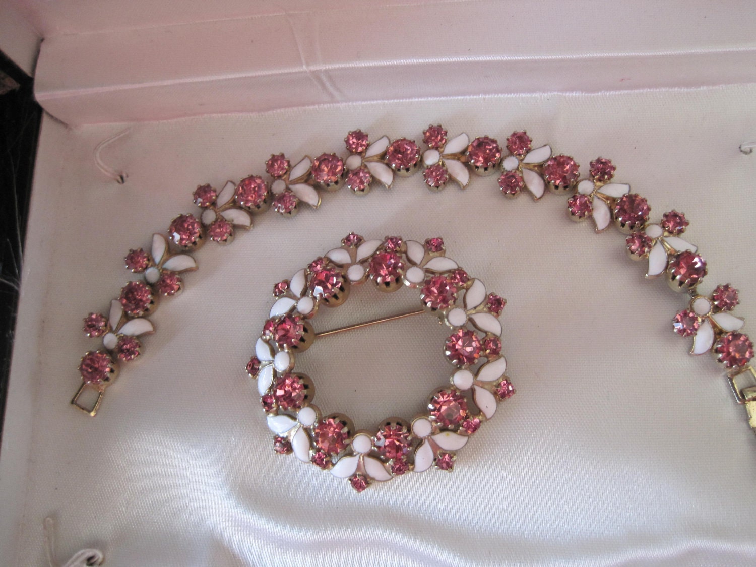RESERVED FOR ANDREAPink Rhinestone White Enamel Bracelet Brooch
