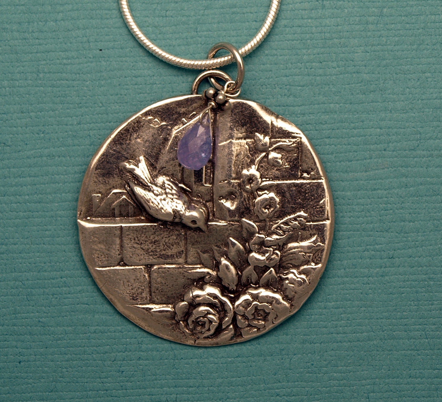 Bird on a Garden Wall...Victorian Button Pendant - Tanzanite, Fine & Sterling Silver