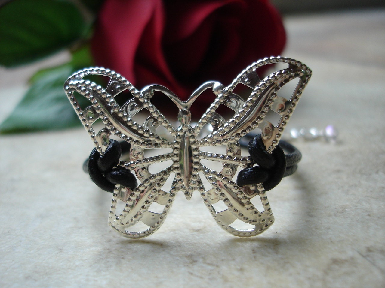 Black Leather Butterfly Bracelet