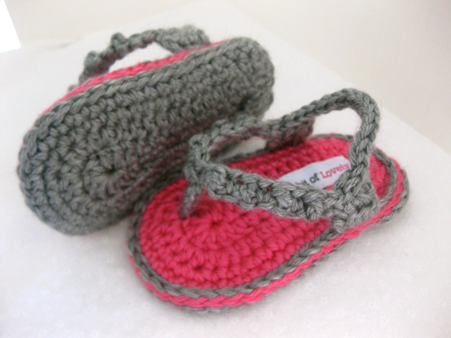 Baby Girl Flip Flop / Shoes / Sandals Bright Pink & Grey Crochet  - YOUR choice size newborn - 9 months - photo prop - clothing