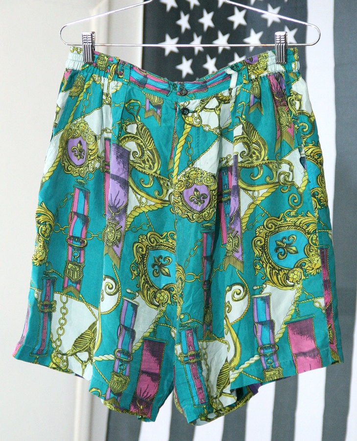 s a l e / / / Teal Silk Scarf Print Flowy 80s/90s Patterned High-Waisted Shorts / / / s a l e