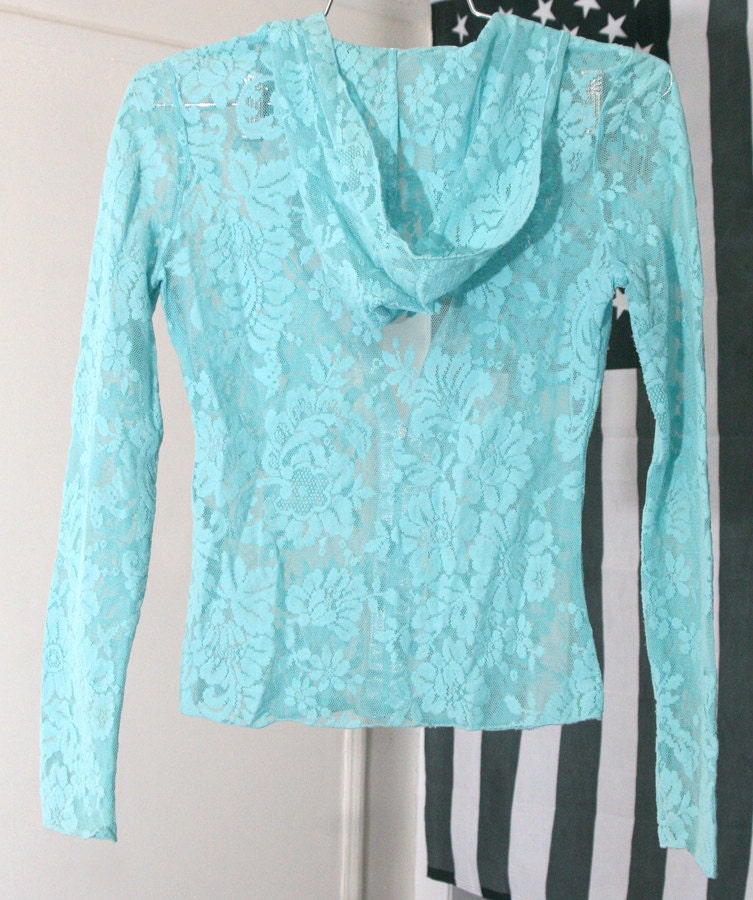 Stretchy Light Turquoise Sheer Lace Hoodie