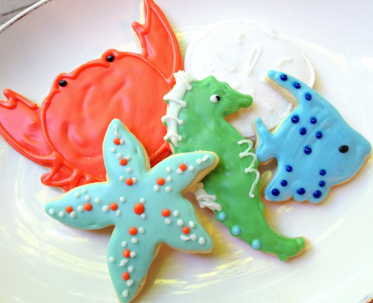Sea Life Sugar Cookie Coral Aqua Beach Theme Iced Decorated Cookie Seahorse Crab