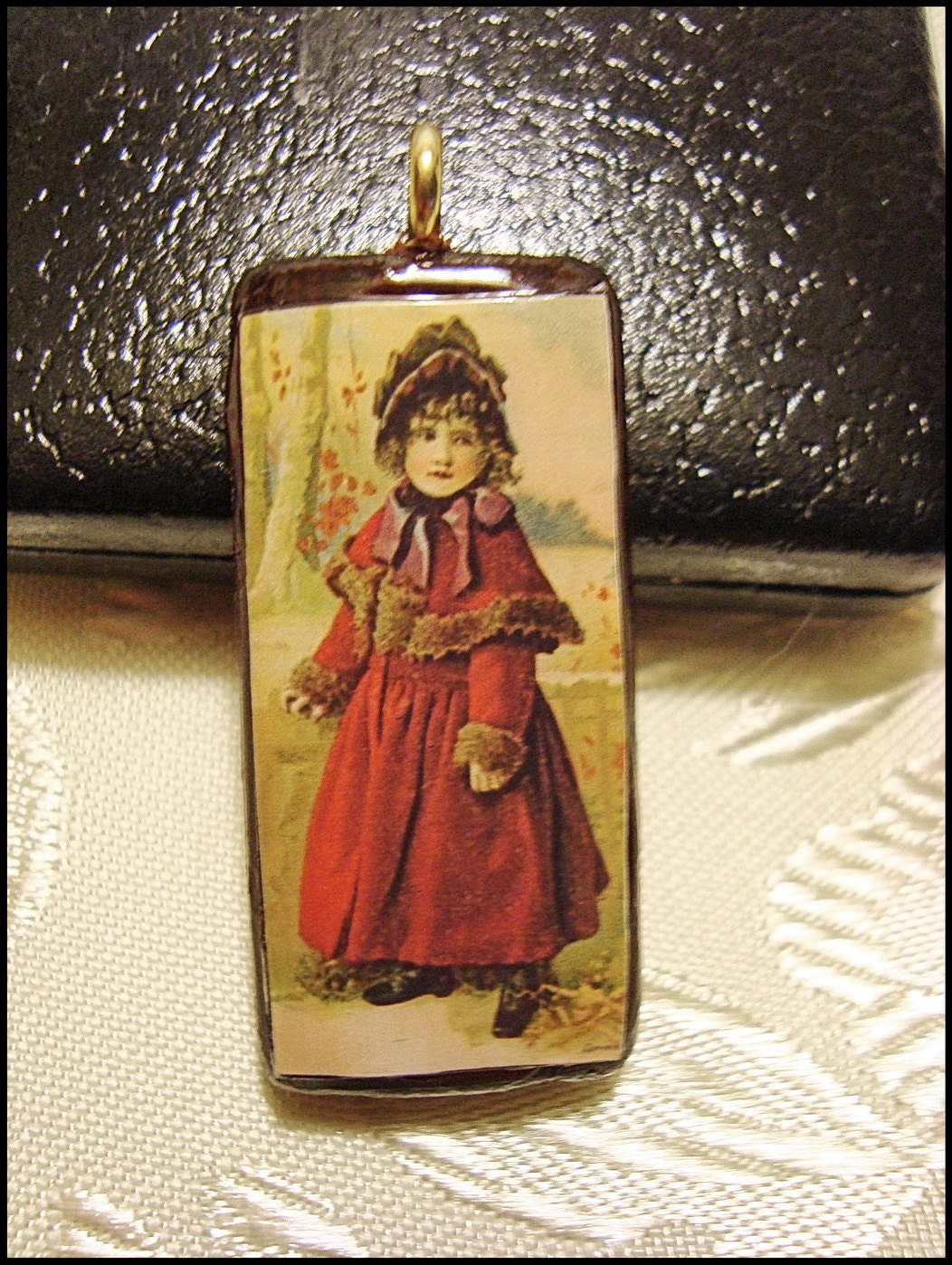 Bamboo Pendant, Vintage Art, Victorian Girl in Red Coat