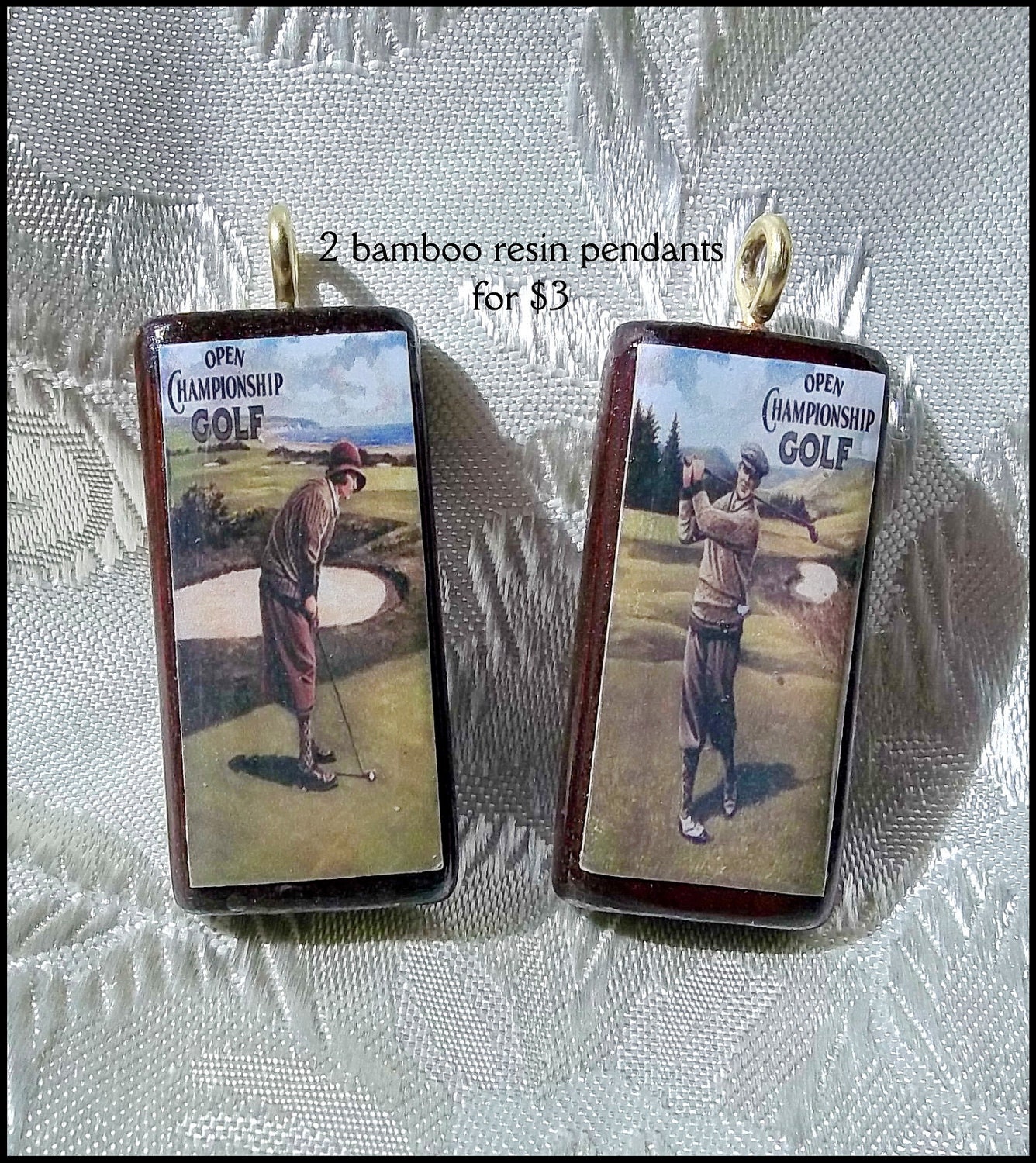 2 Bamboo Pendants for 3 dollars, vintage prints, His and Her  Golfers