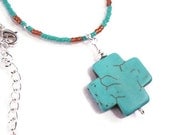 Turquoise Stone Cross Pendant Hand Beaded Necklace Southwest Rustic  Native American