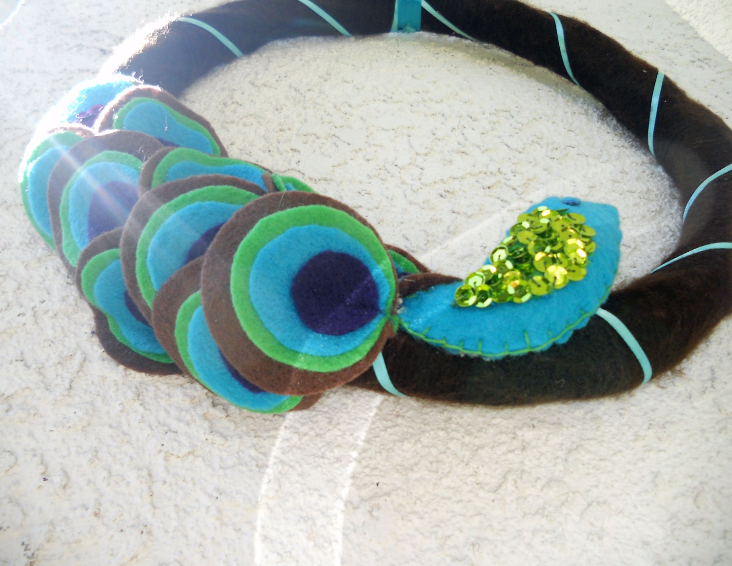Peacock felt yarn wreath, wall hanging, decoration