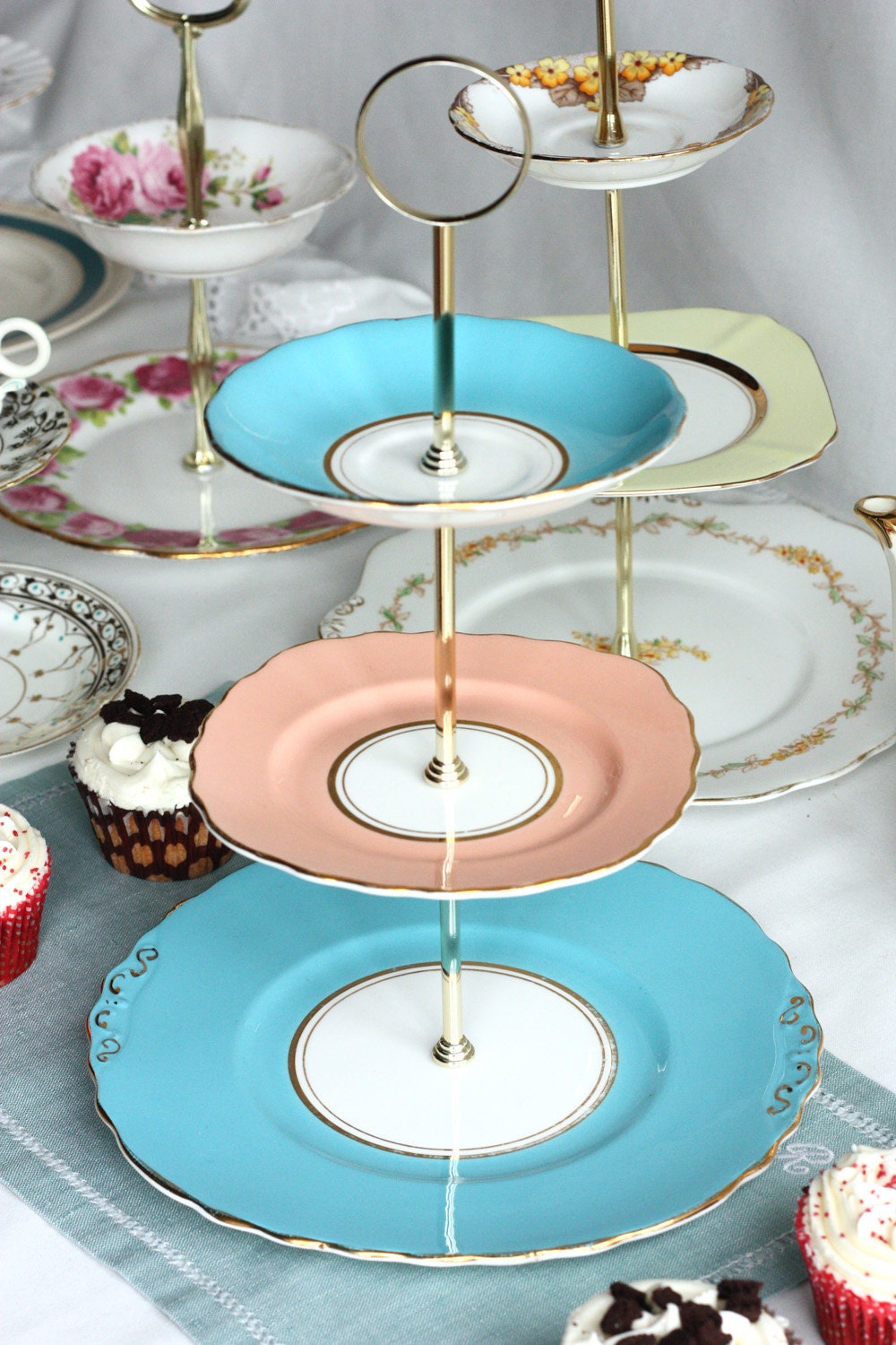 RESERVED FOR JENNY 3 tier Colclough cupcake stand / tiered cake stand from upcycled English bone china, a vibrant centerpiece or lovely gift