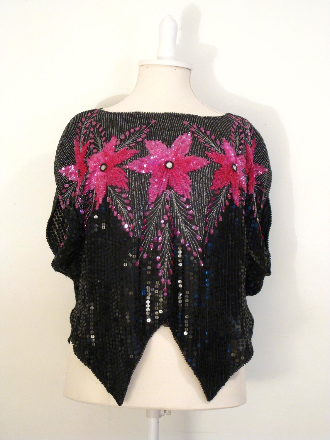 Vintage Sequin Batwing Top - Embellished Top - Black Sequins and Magenta Floral Motif