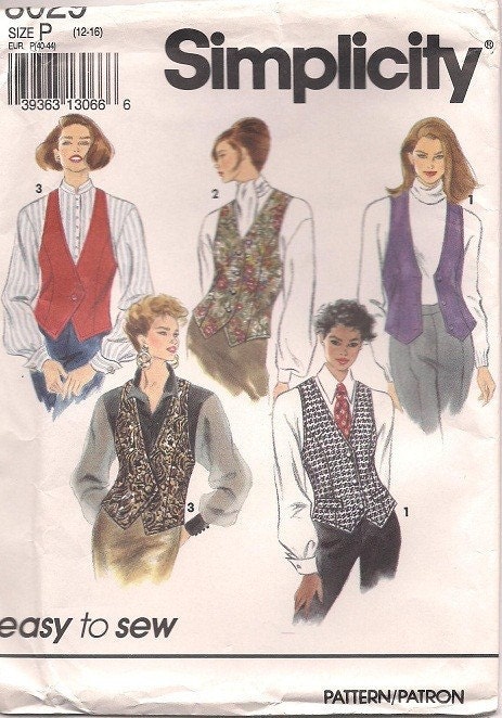 Vest Pattern Simplicity 8029 Misses' Sizes 12 14 16