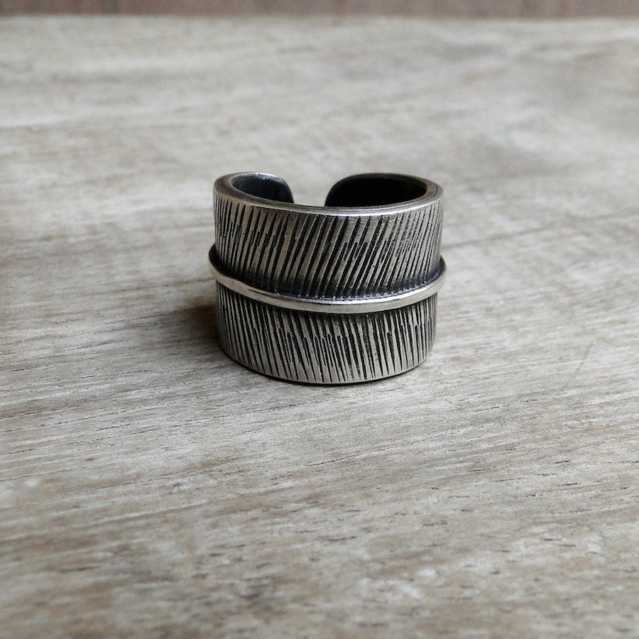 Wrapped Feather Adjustable Sterling Silver Ring, Size 5.5 to 7