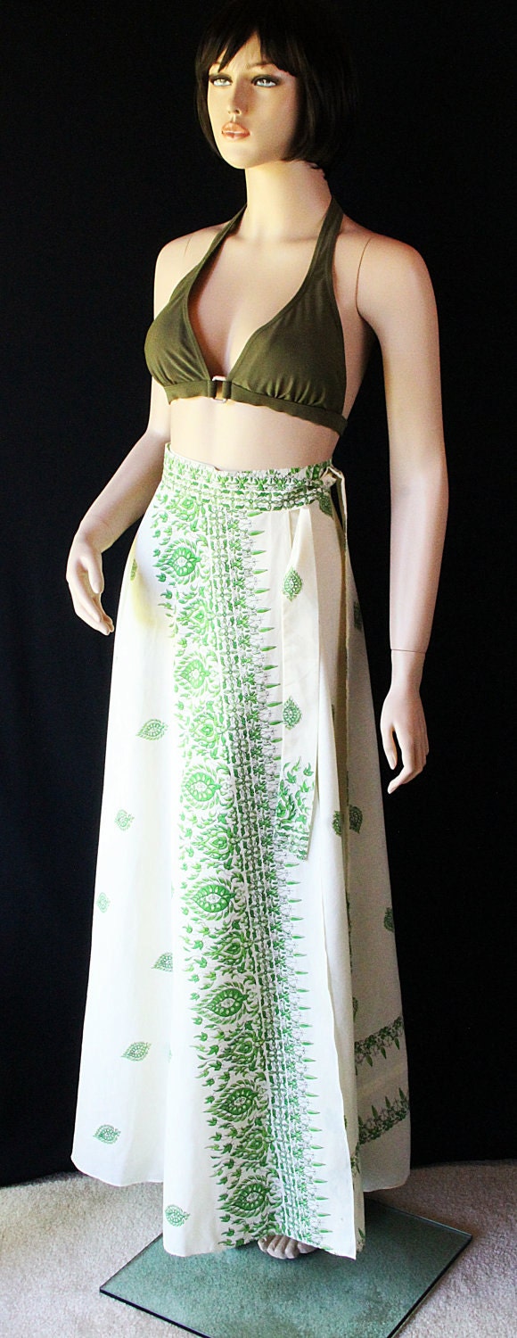 70s Boho Skirt / Wrap Maxi Skirt / Hippie Indie / Floral Border Print / Summer Cotton