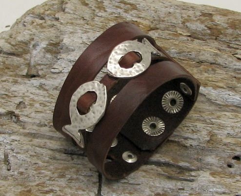 FREE SHIPPING .Hand made brown leather bracelet with silver plated