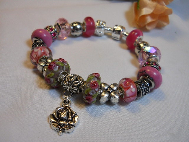 Pink Roses Pandora Style Bracelet