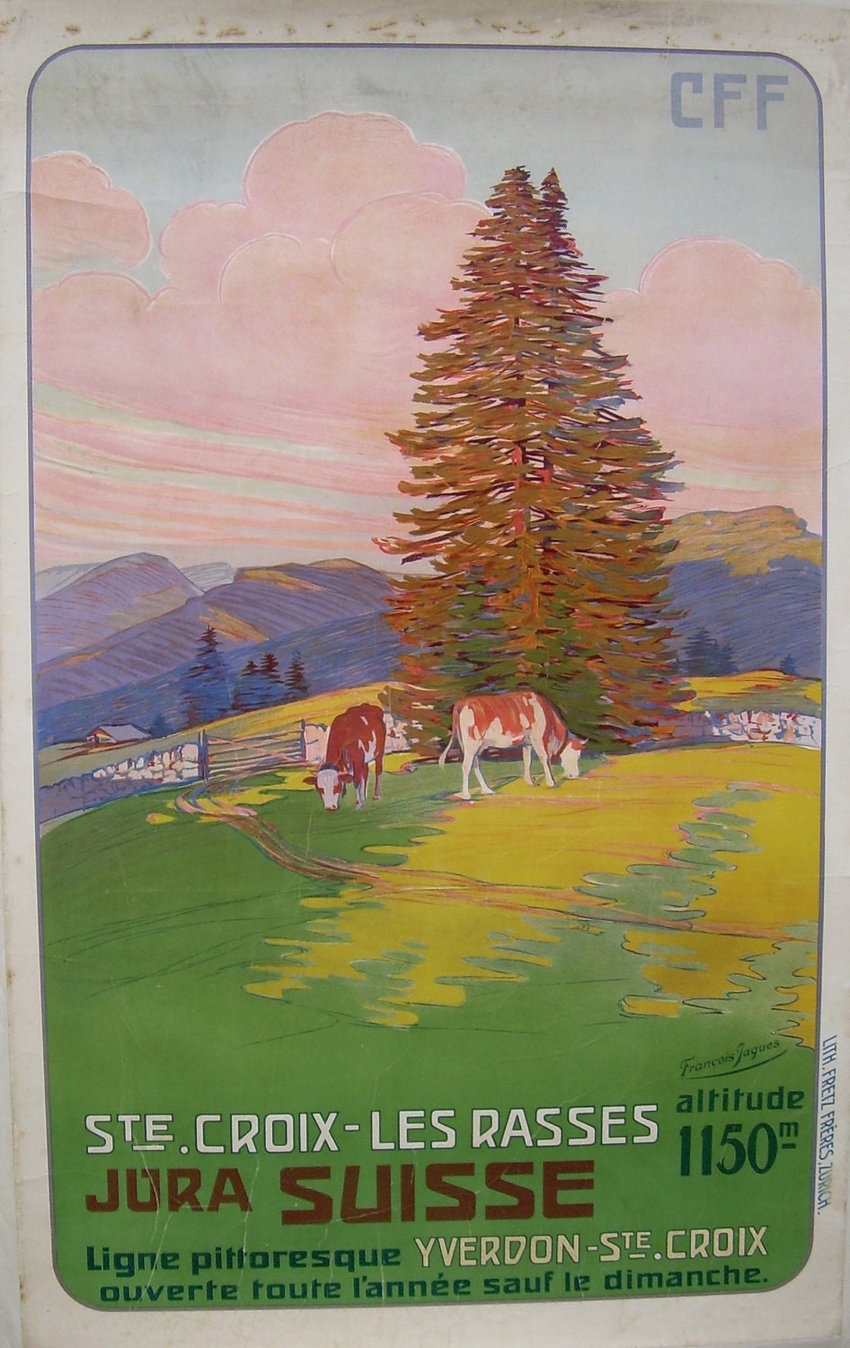 Original vintage travel poster advertising the Swiss mountains.