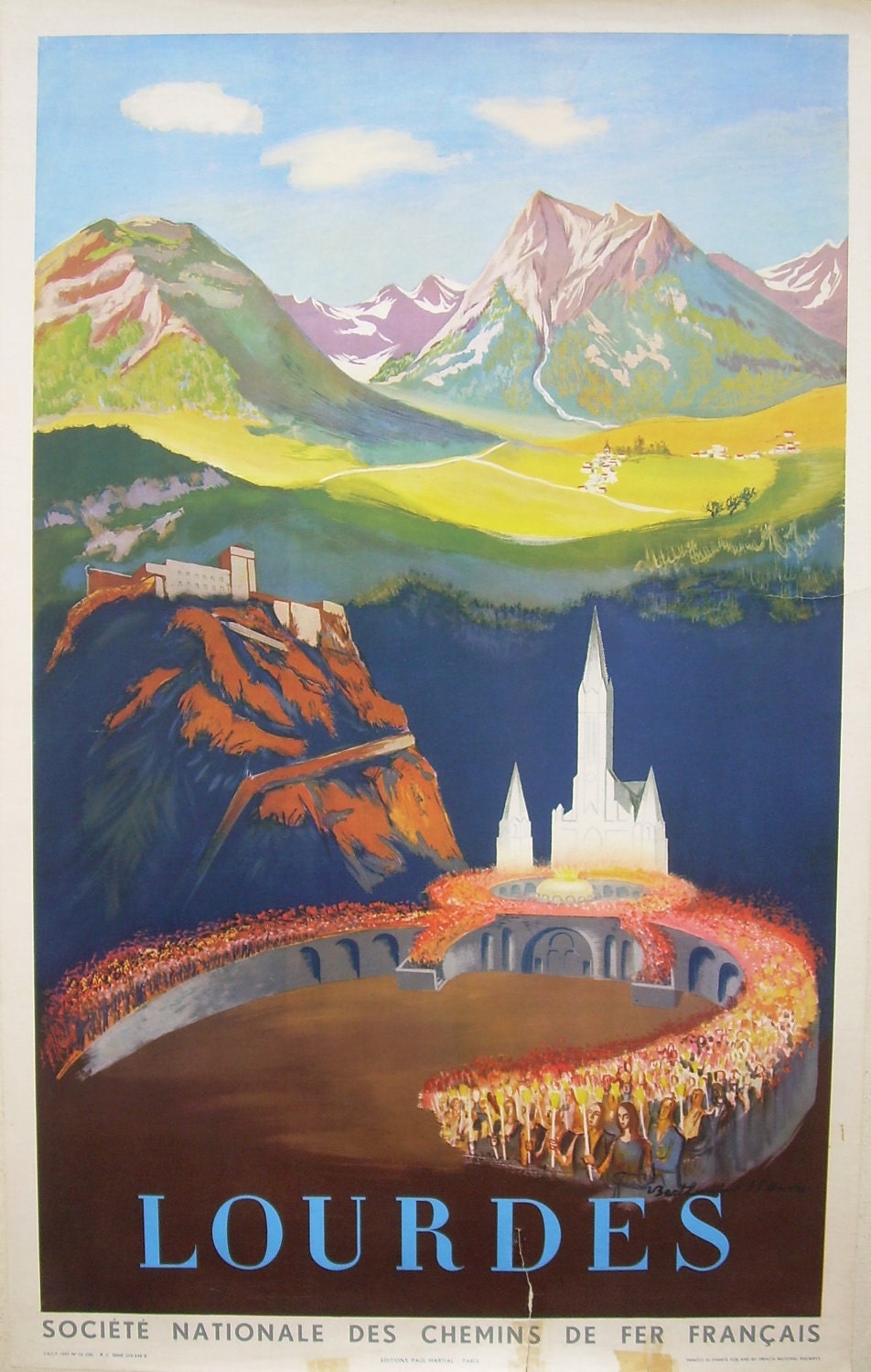 Original vintage travel poster advertising Lourdes, France