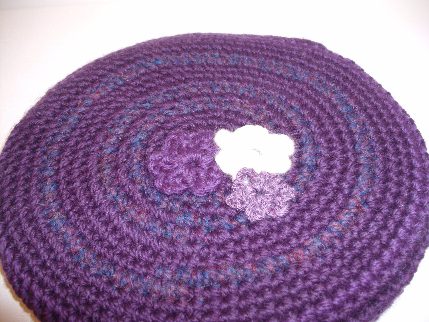 Cosmetic Bag Purple, Round  Zippered with Flower Applique - Crochet Pouch