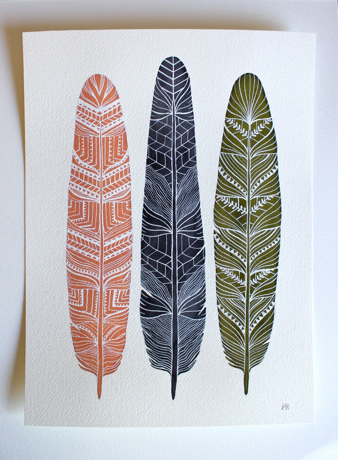 Patterned Feather Painting - Watercolor Art - Large Archival Print - 11x14 Anna Feathers