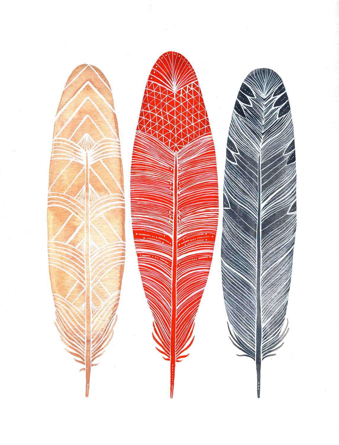 Watercolor Feather Painting - Feathers Art - Archival Print - Red, Peach, Gray