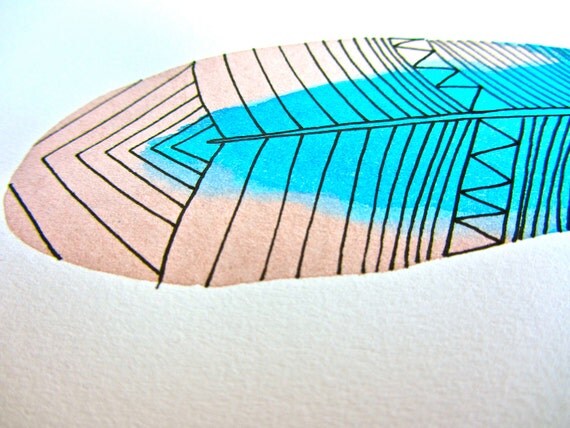 Watercolor Feather Art Painting - Blue, Pink, Neon Spring Colors - Archival Print
