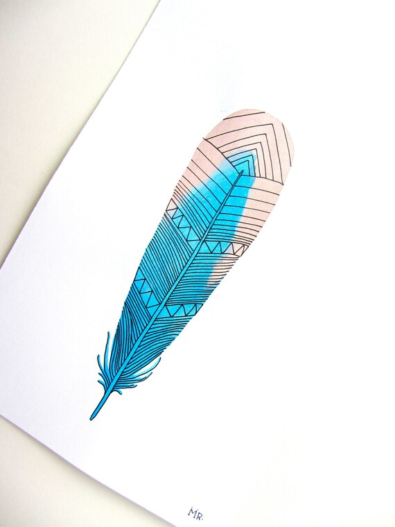 Watercolor Feather Art Painting - Blue, Pink, Neon Spring Colors - Archival Print