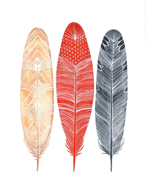 Watercolor Feather Painting - Feathers Art - Archival Print - Red, Peach, Gray