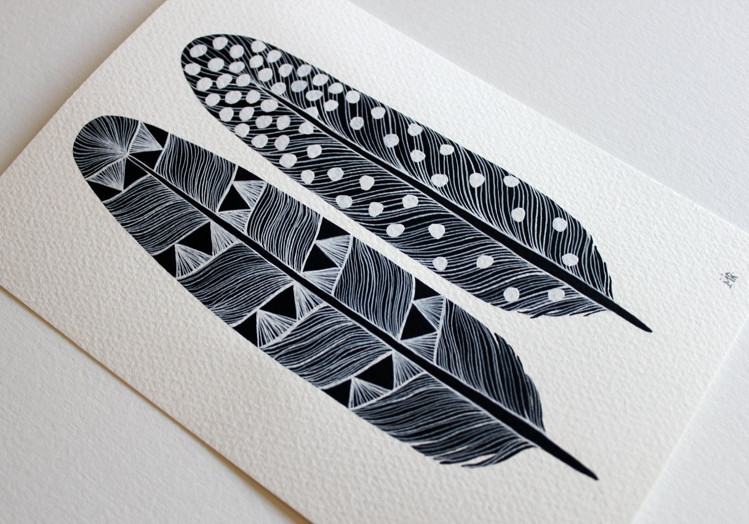 Feather Art Painting - Monochrome Watercolor Home Decor - Archival Print - 8x10 Mika Feathers