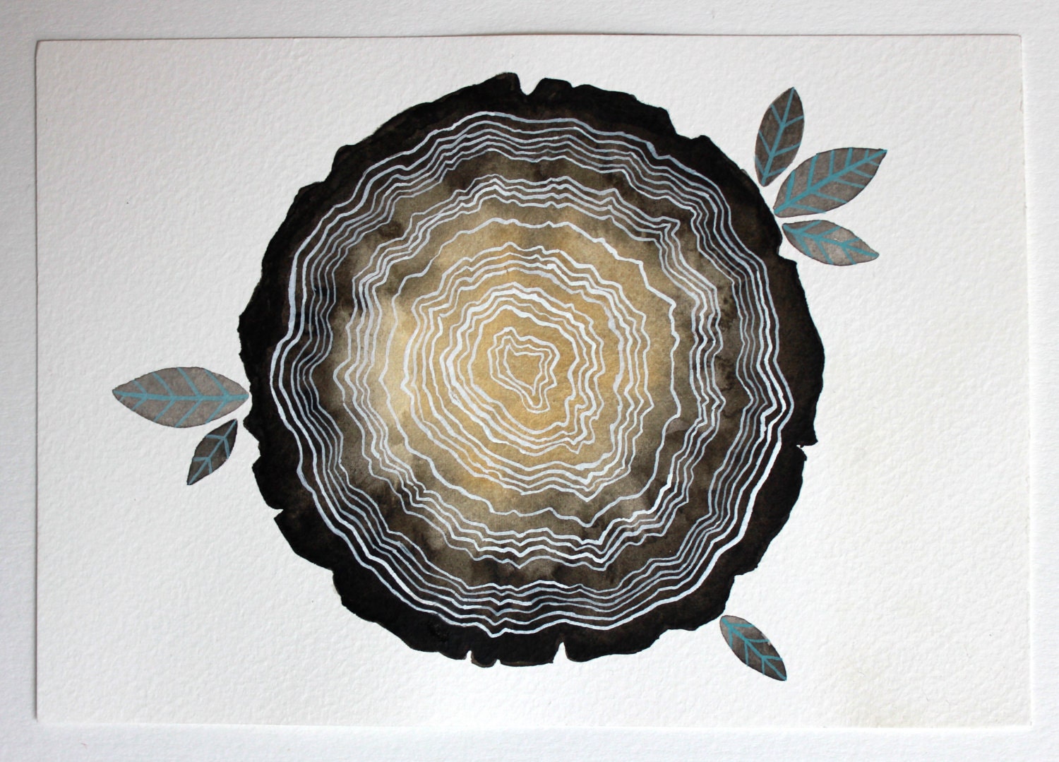 Tree Rings Original Painting - Watercolor Art - Nature, Wood, Leaves, Log Stump