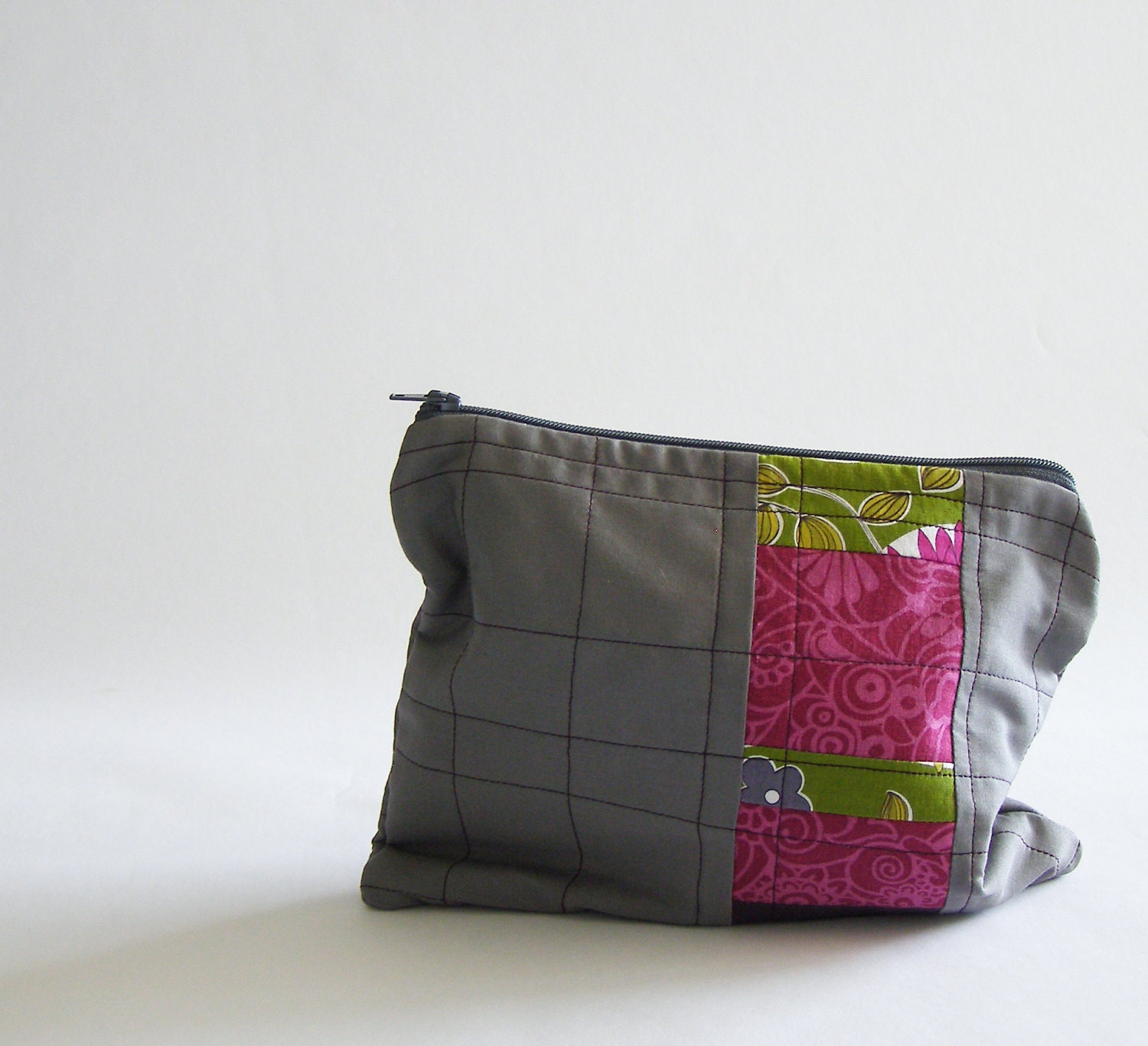 quilted makeup bag, pencil case, or art supply pouch - gunmetal grey cotton with fuchsia print and garden print patchwork stripe