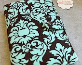 Kindle Fire Cover, Kindle, Nook, Ereader cover, Book Style, Aqua and Brown Damask with Aqua and Brown polka-dots .. Made to order