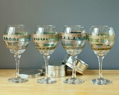 Four Handpainted, Moroccan Inspired Wine Glasses with Green Glass Details and Golden Accents