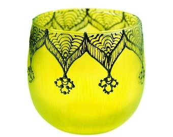 Moroccan Votive Holder with Canary Yellow Glass and Gunmetal Detailing