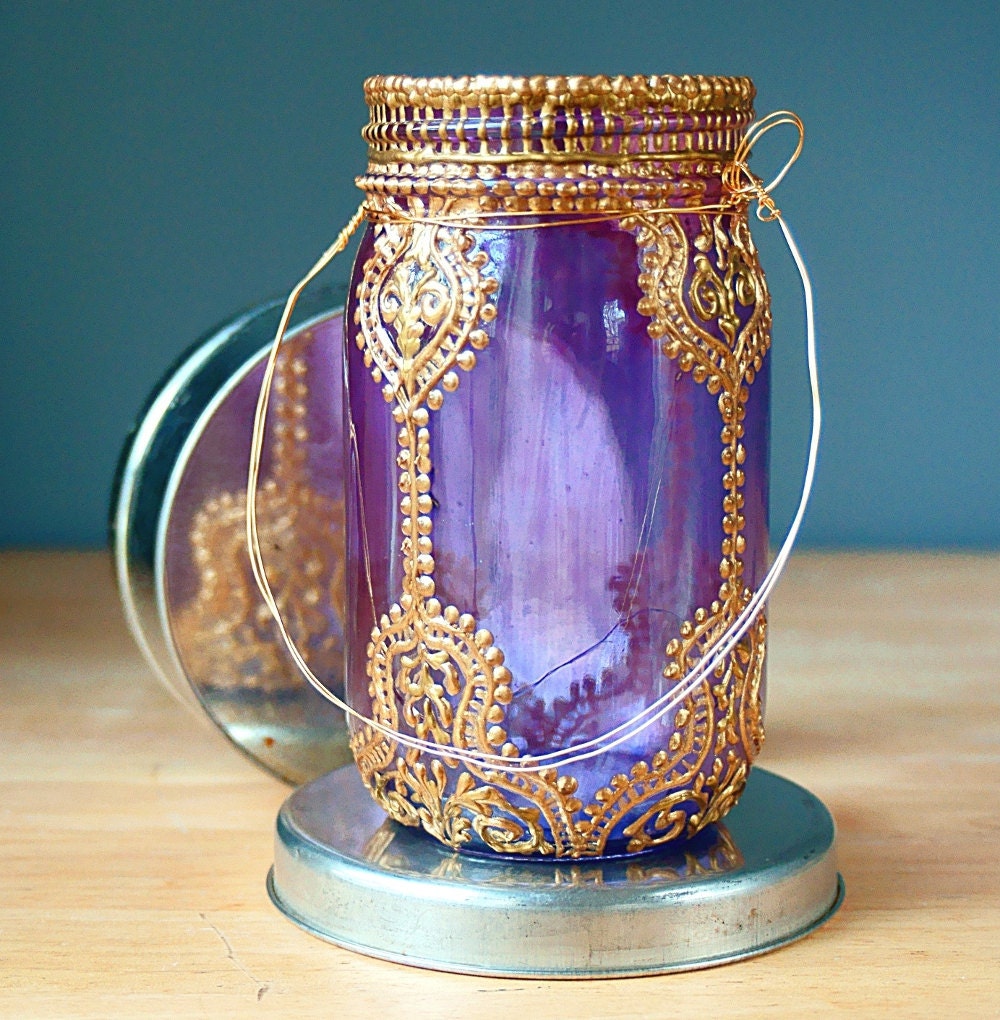 Hand Painted Mason Jar Lantern, Violet Glass with Gold Accents