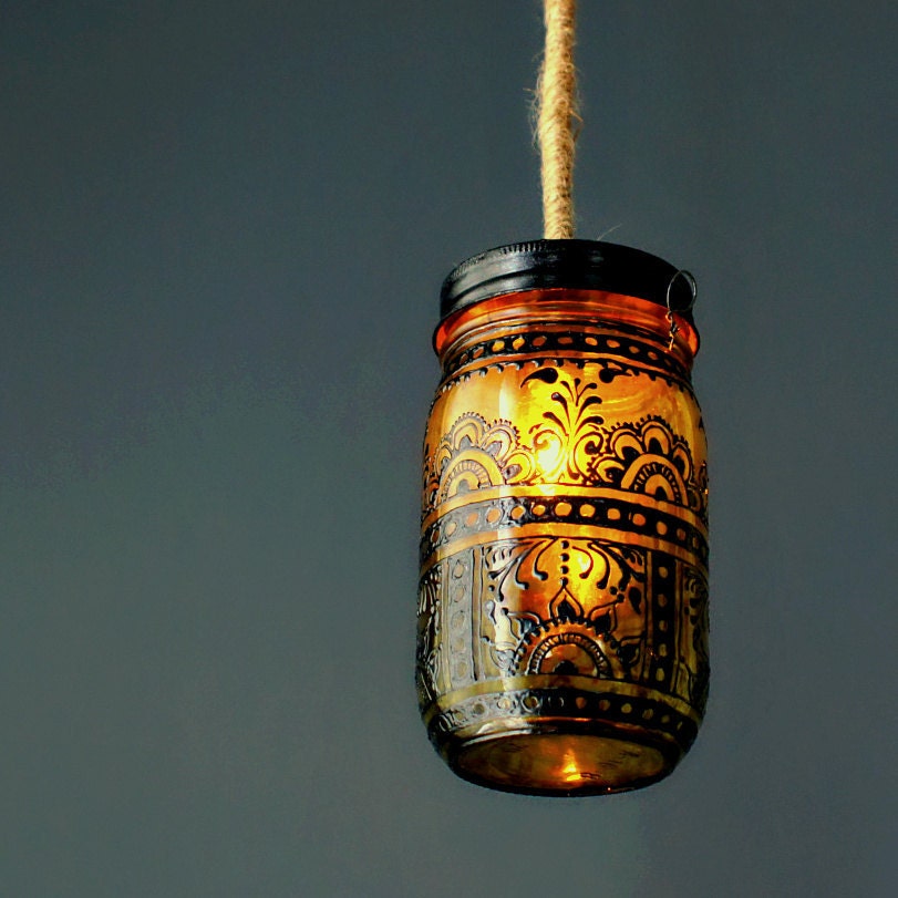 Hand Painted Mason Jar Lantern,Canary Yellow Tinted Glass with Black Accents