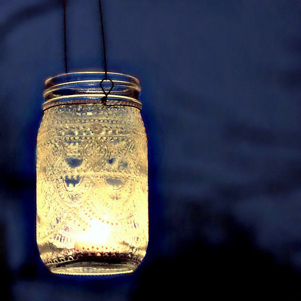Hand Painted Mason Jar Moroccan Lantern, Henna Inspired Design in White Pearl - on Crystal Clear Glass