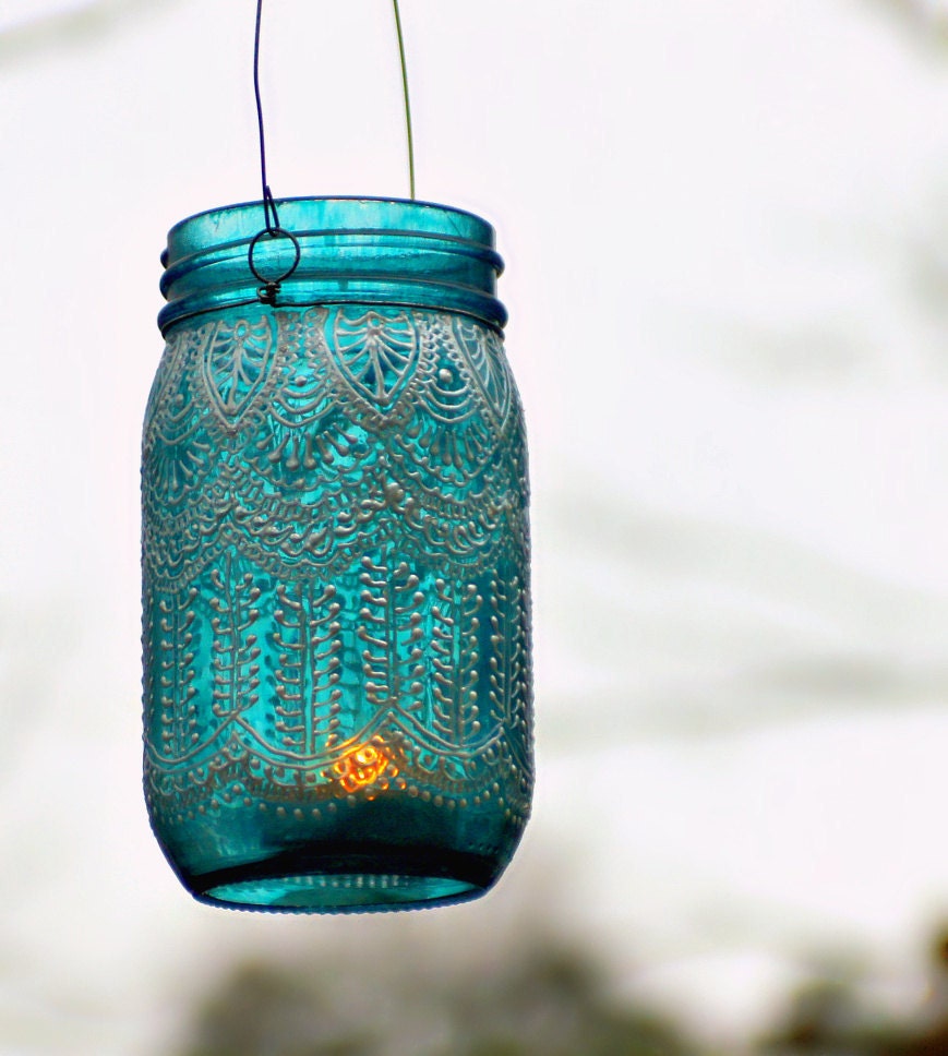 Hand Painted Mason Jar Lantern, with Peacock Blue Glass and Pearl White Eccents