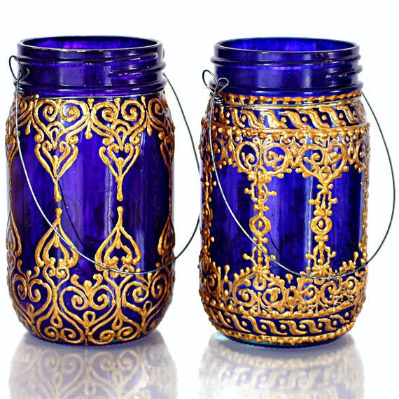 Hand Painted Mason Jar Lantern,Deep Plum Tinted Glass with Golden Filigree Surface
