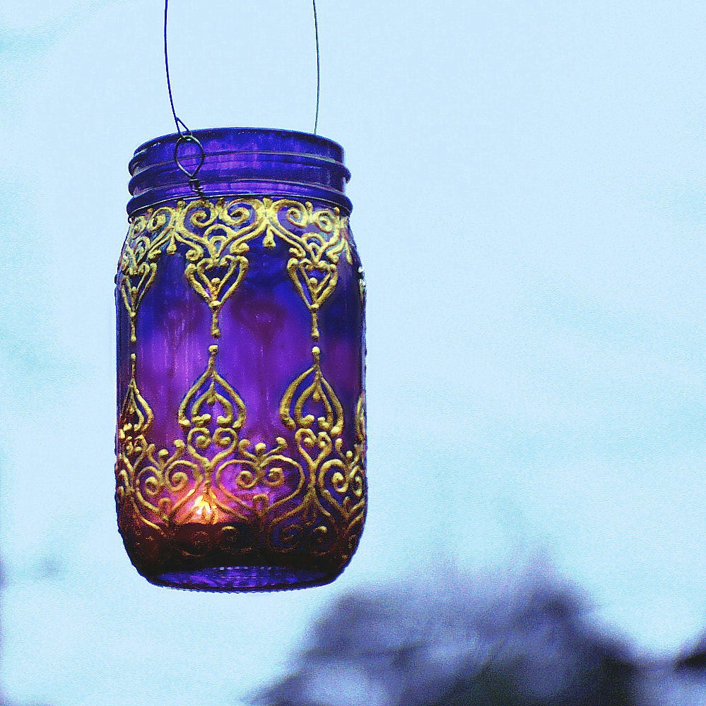 Hand Painted Mason Jar Lantern, Royal Purple Glass with Golden Detailing