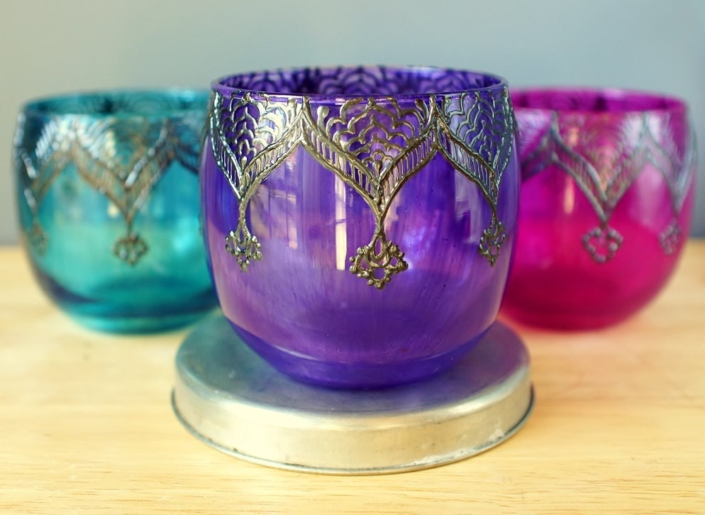 Gypsy Inspired, Henna Designed Purple Glass Votive Holder or Table Decor