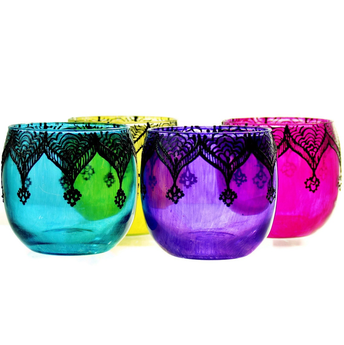 Set of Four Moroccan Lantern Votive Holders- In Fuschia, Purple, Turquoise, and Yellow Glass with Gunmetal Grey Details
