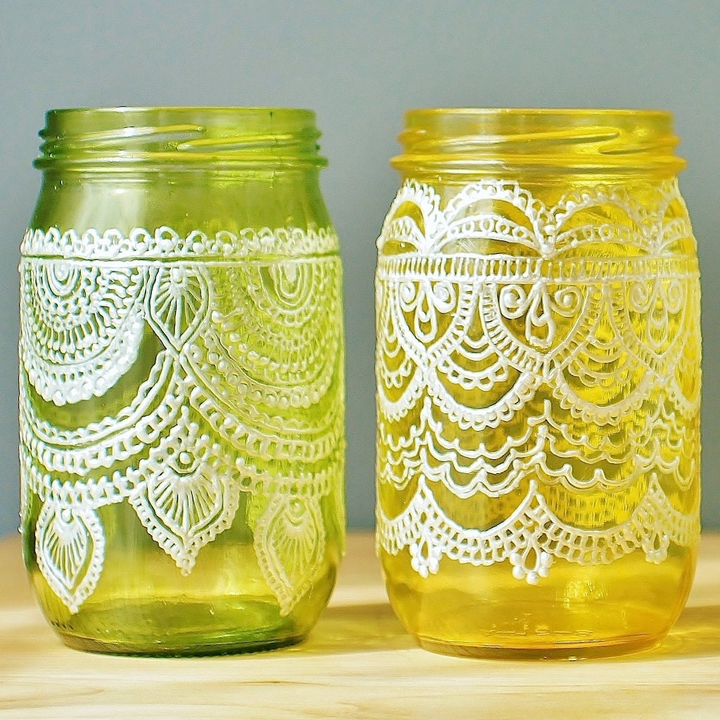 Festive Spring Mason Jars- Handpainted Moroccan Inspired Mason Jars with Pearl White Detailing