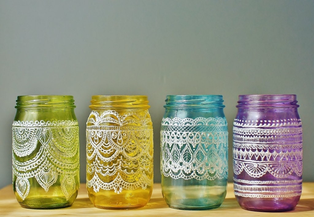 Festive Spring Mason Jars- Handpainted Moroccan Inspired Mason Jars with Pearl White Detailing