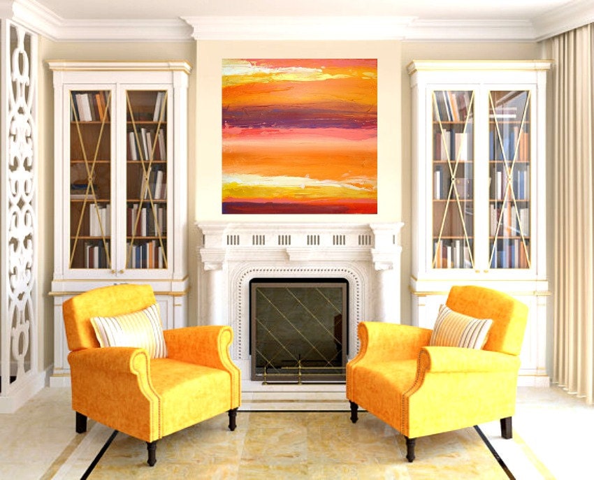 Modern Contemporary Orange and Yellow Abstract Acrylic Original Painting on Canvas Titled: TANGERINE SKY 20x20x1.5" by Ora Birenbaum