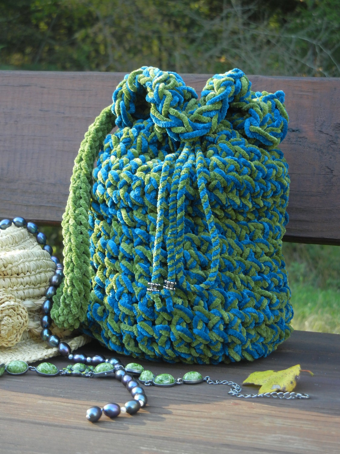 Romantic Velour Pouch Bag Green and Turquoise
